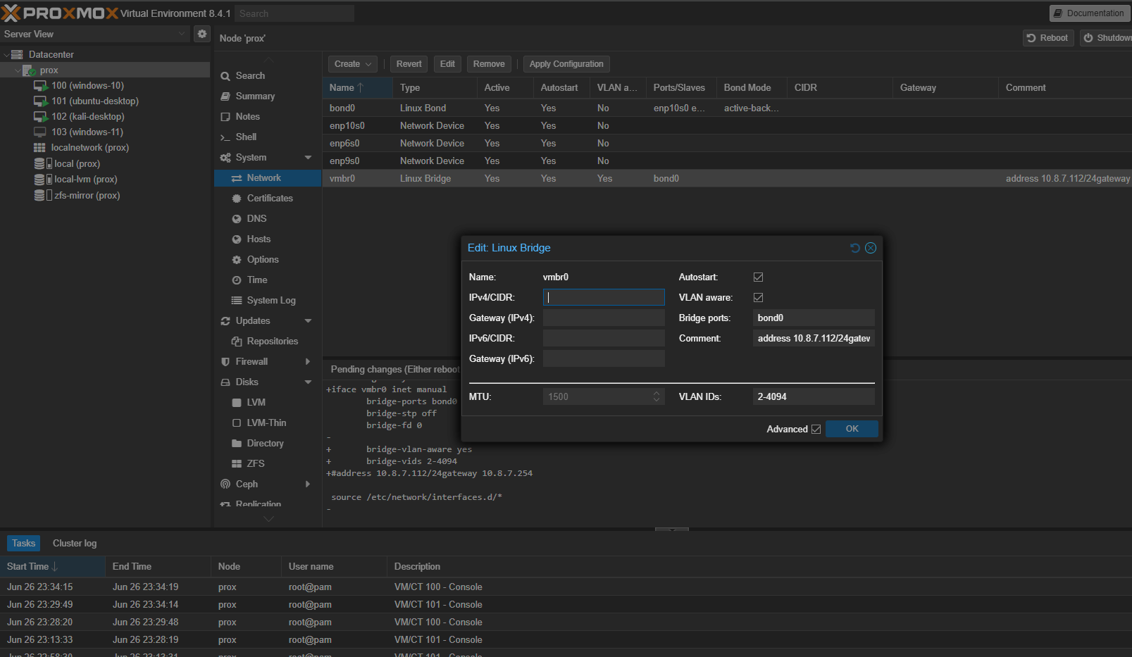 Configuring VLAN In Proxmox to Make it VLAN Aware